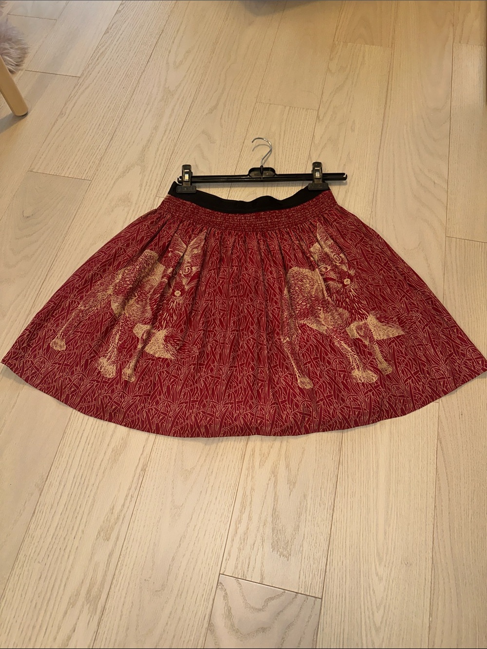 Corey Lynn Calter Crimson silk Skirt with Gold 🐕 Motif